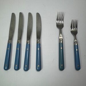 Vintage Stainless Korea 6 Piece Flatware Cutlery Set Incomplete Forks Blue MCM